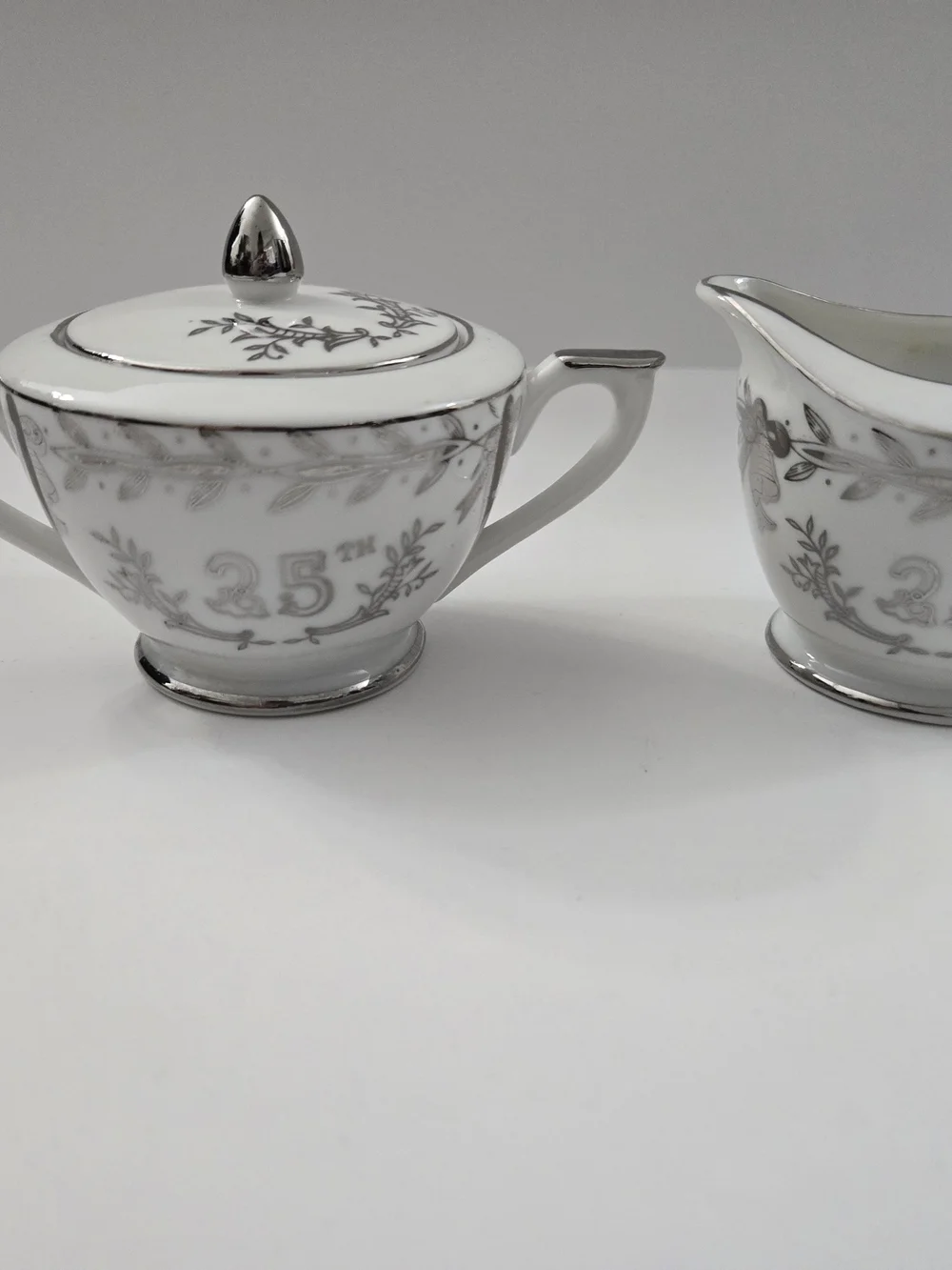 Vintage Lefton China 25th Anniversary Sugar Bowl & Creamer Set #280N Silver Trim